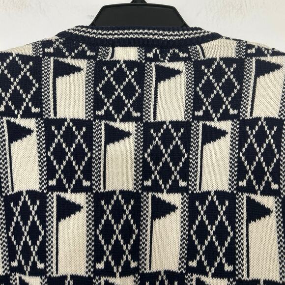Vintage IZOD Cotton Nautical Flag Knit Cardigan Sweater Navy Cream L 90s Coastal - Picture 8 of 10